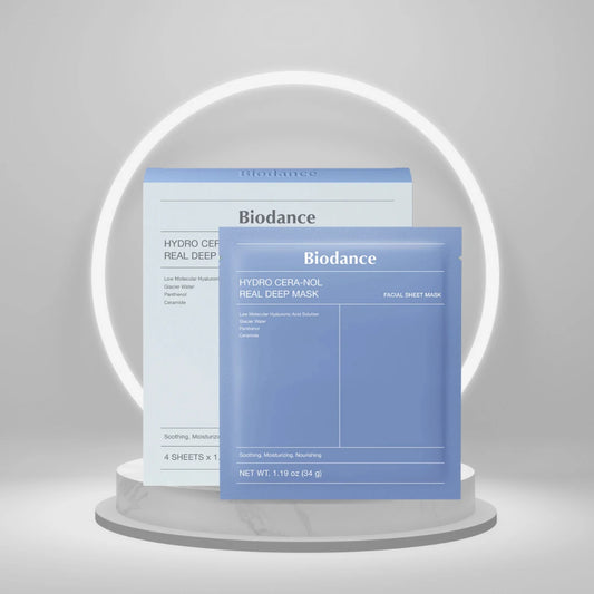 Maschera viso Biodance Hydro Cera-Nol: trattamento idratante e lenitivo con ceramidi, pantenolo e acido ialuronico per pelli sensibili.